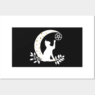 Wicca Crescent Moon Cat Pentacle And Gold Stars Posters and Art